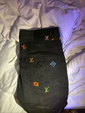 Louis Vuitton Black Skinny Jeans with Multicolor Monogram Embroidery